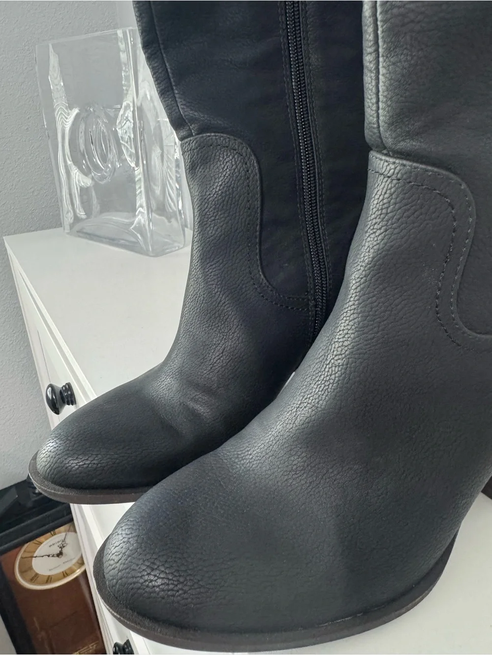 Women's Black Over-the-Knee Leather Boots with Block Heel
